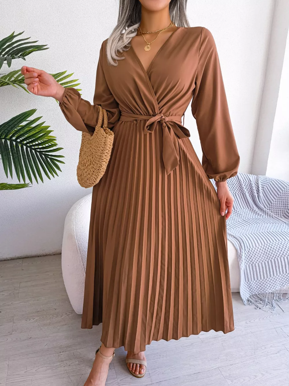 Elegant Pleated Front Tie Long Sleeve Dress, image 8