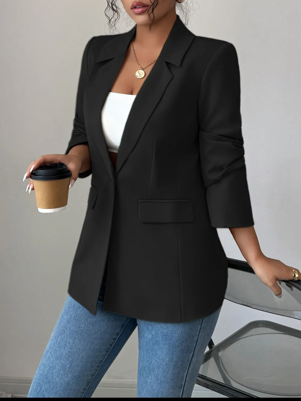 One Button Lapel Collar Blazer, image 6