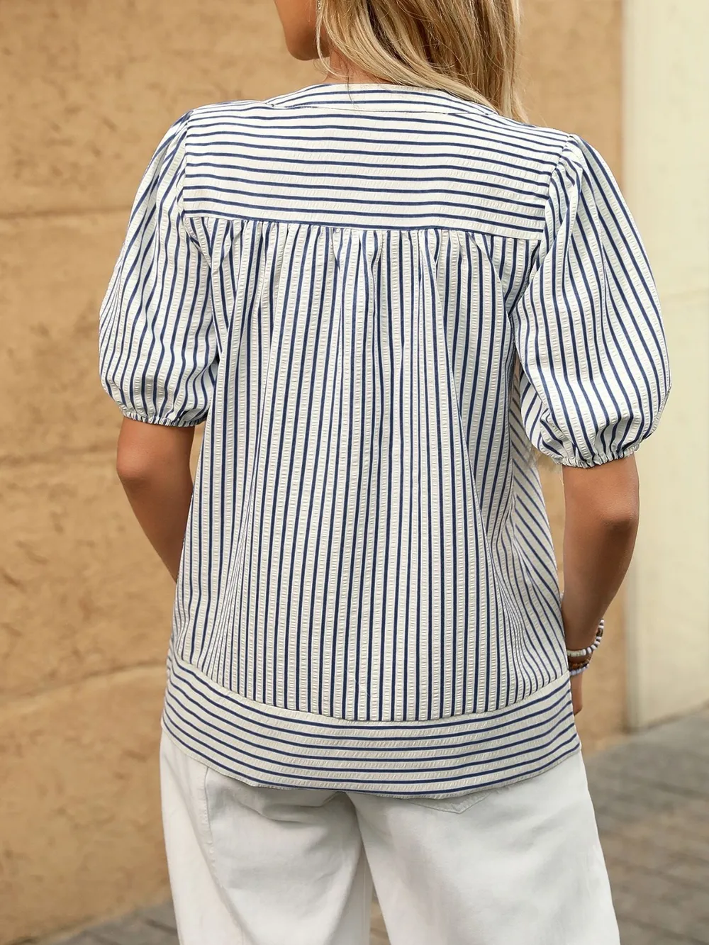 Striped Notched Puff Sleeve Blouse, image 11