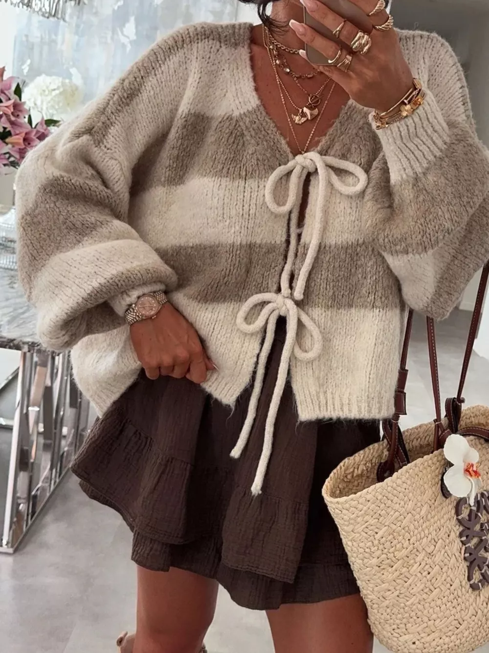 Striped Tie-Front Knit Cardigan, image 15