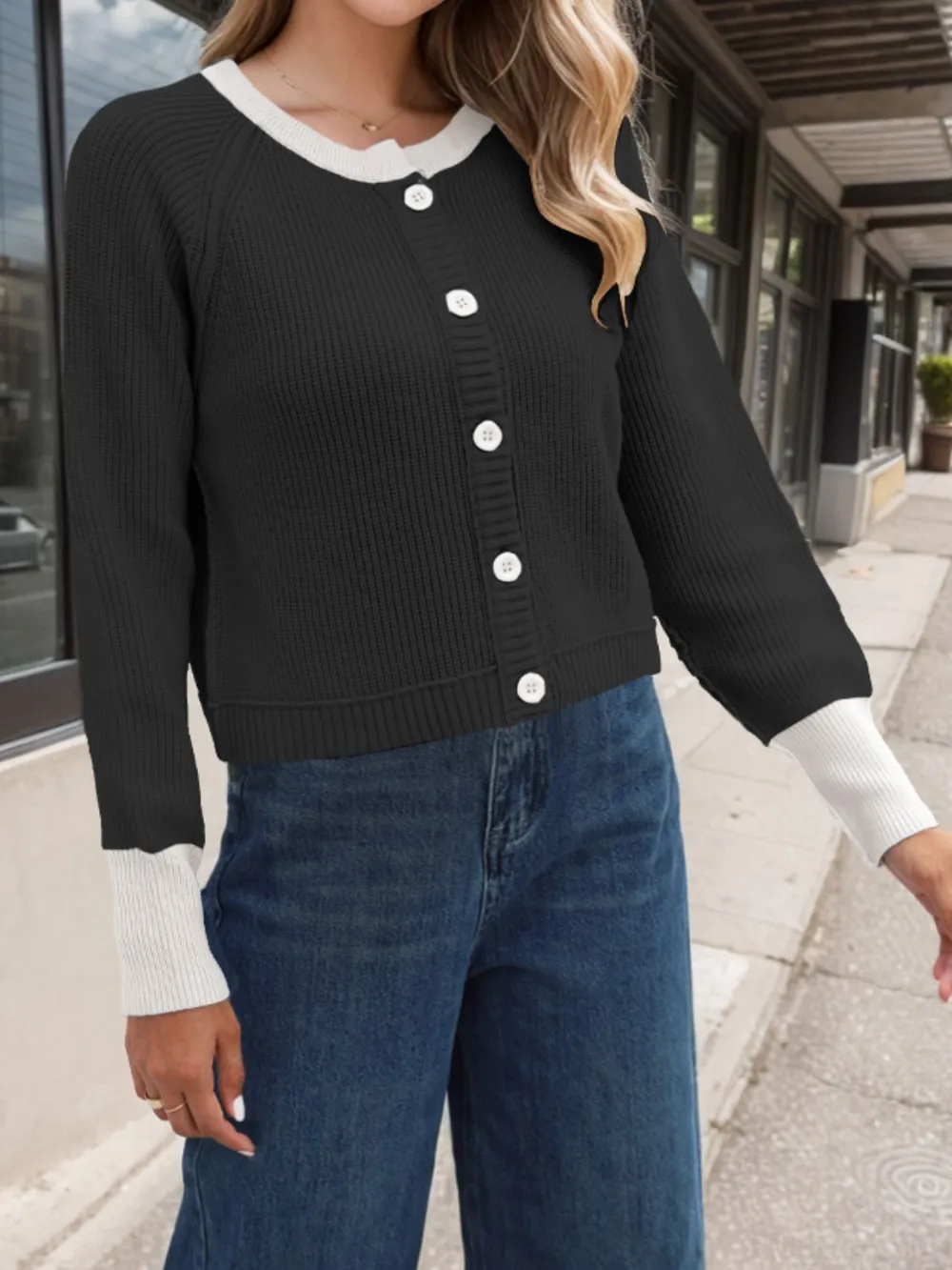 Contrast Button Up Long Sleeve Cardigan, image 12