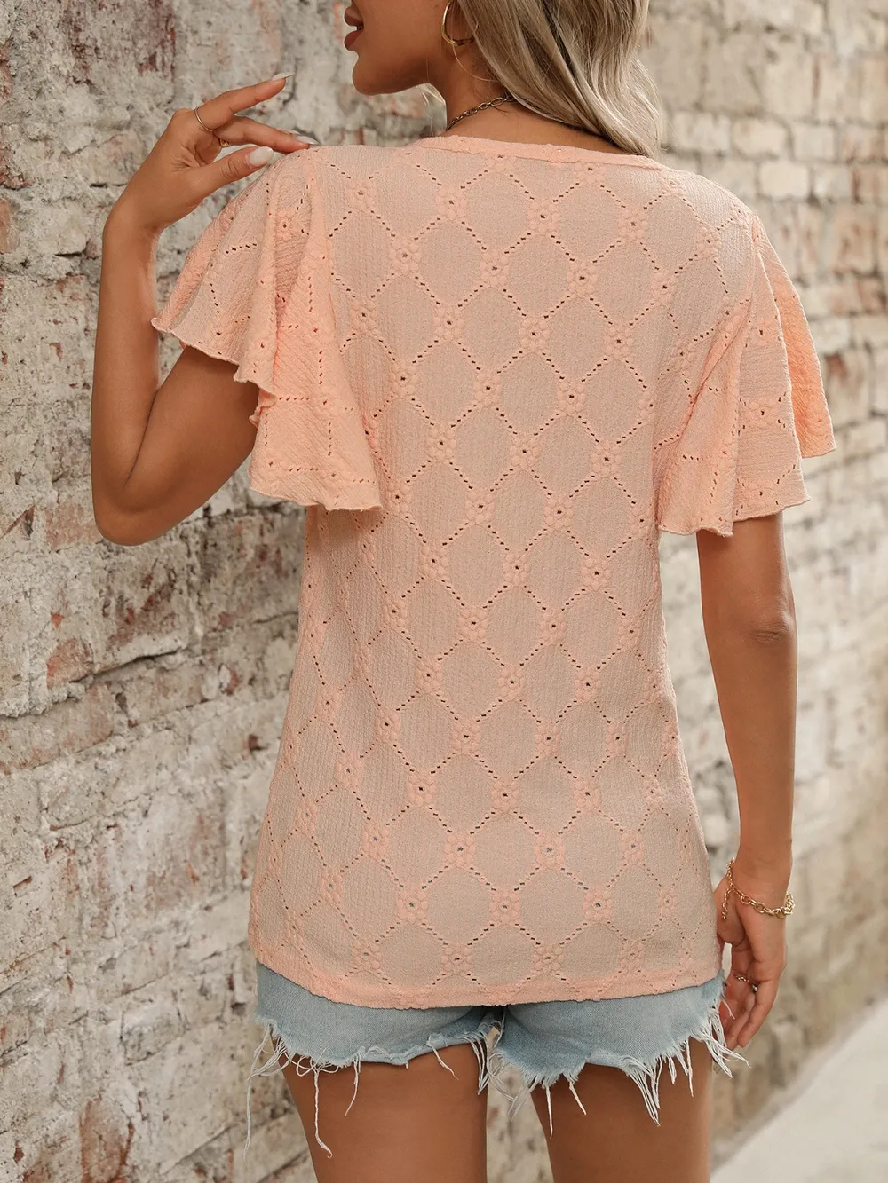 Eyelet Round Neck Flutter Sleeve Top, image 15