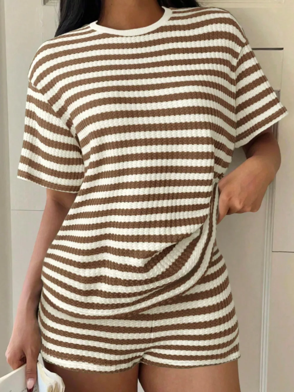Striped Round Neck Top and Shorts Set, image 3