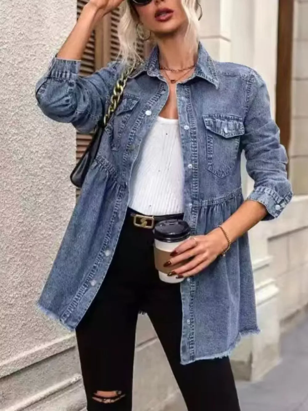 Peplum Hem Denim Jacket with Button-Down Front