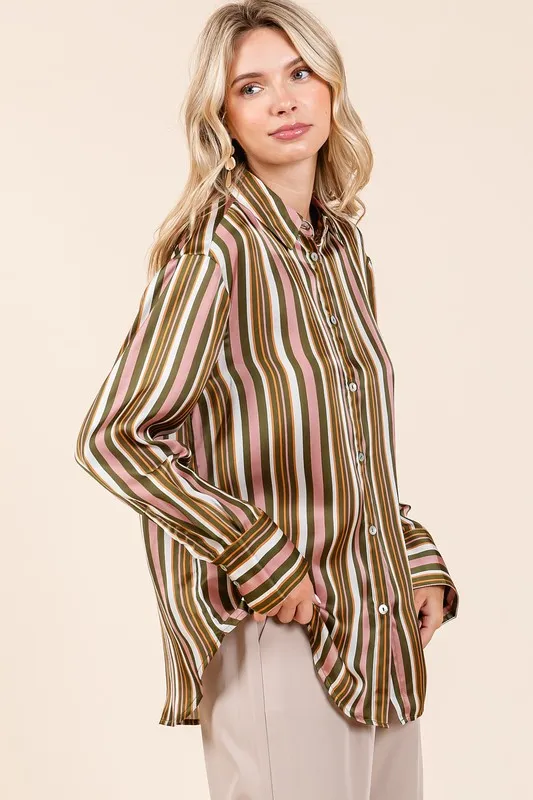 Striped Button Down Satin Shirt, image 4