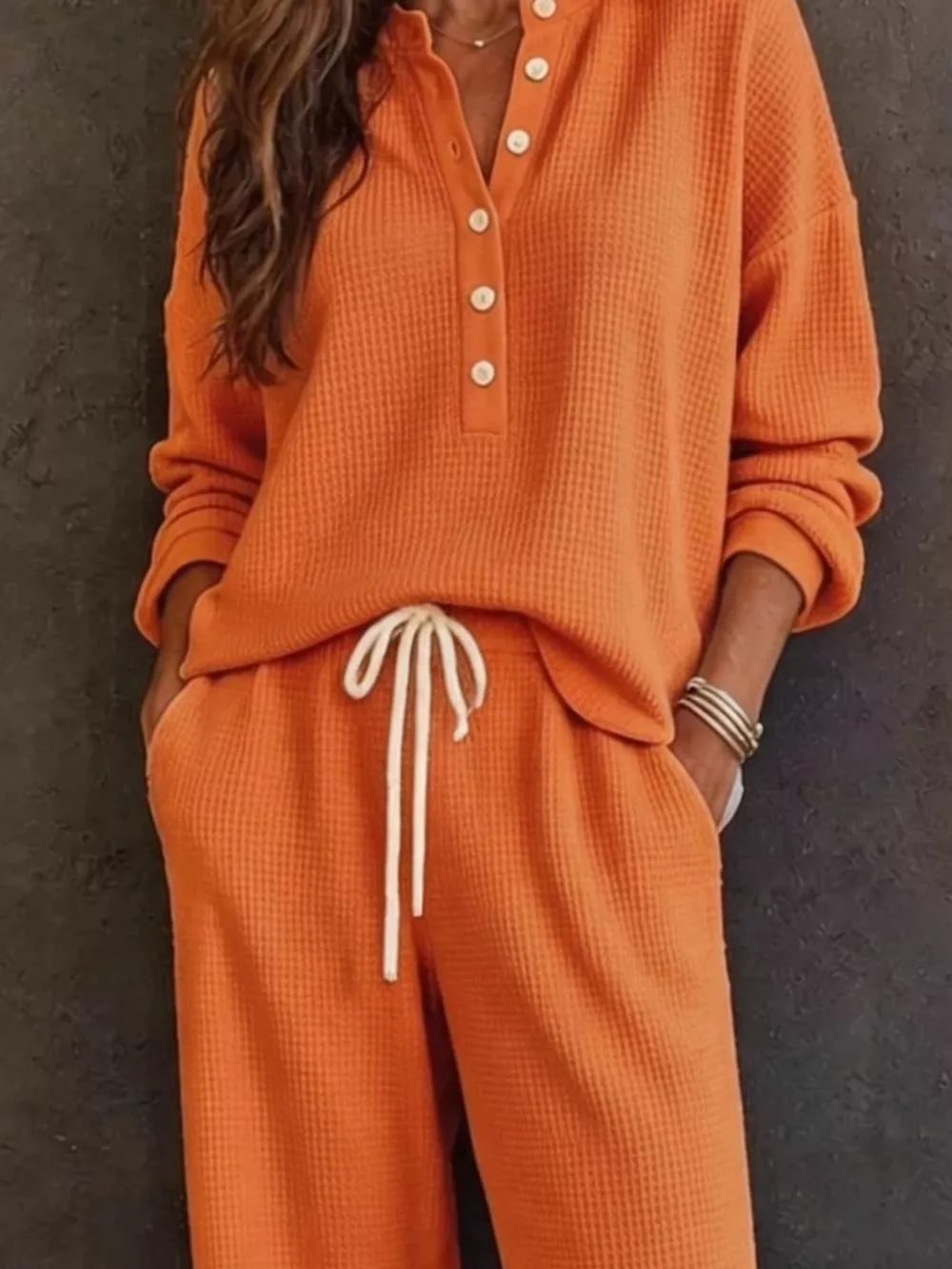 Waffle Knit Button Detail Top and Pants Set, image 14