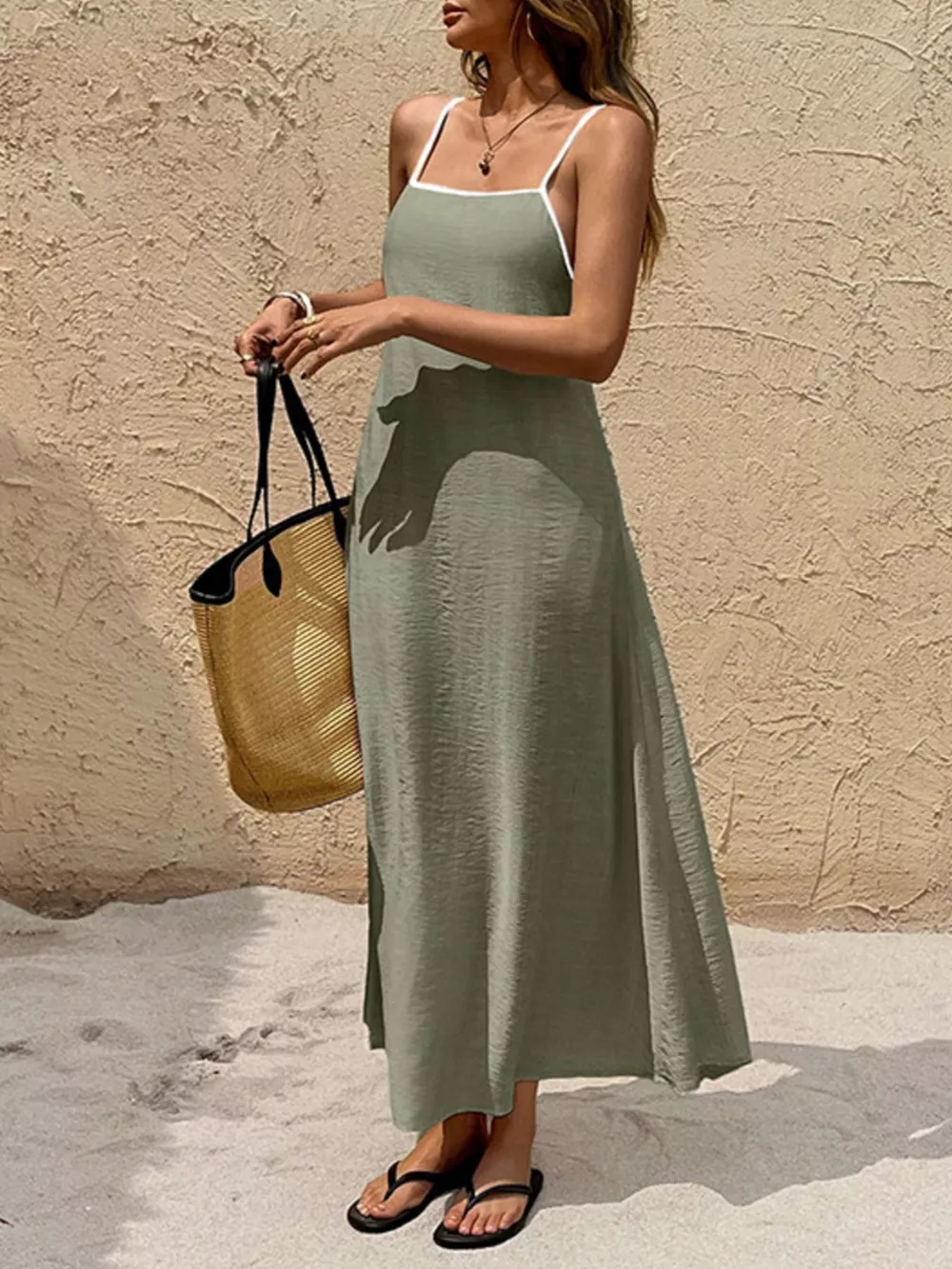 Spaghetti Strap Maxi Dress with Contrasting Trim, image 3
