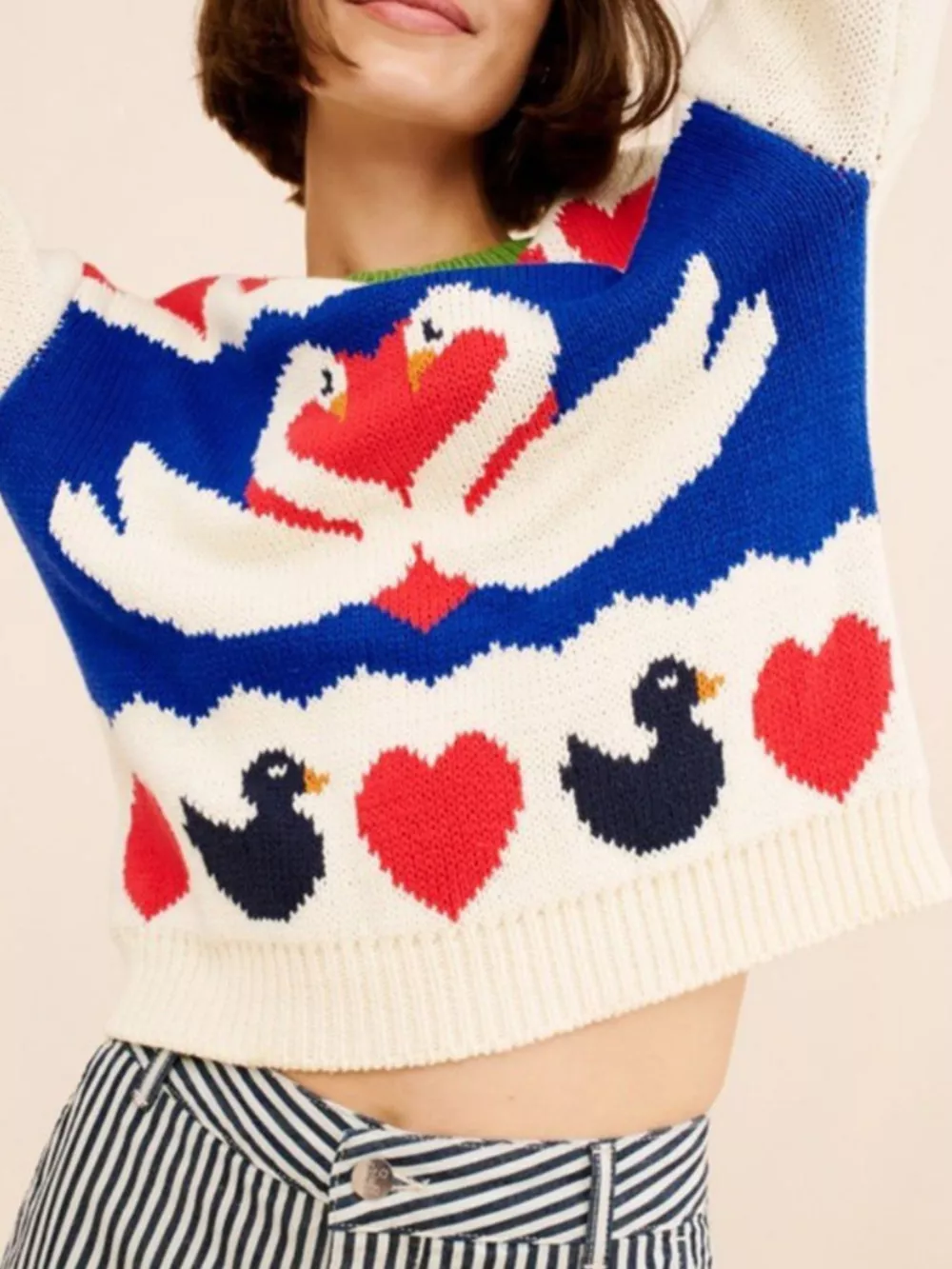 Swan Heart Pattern Round Neck Sweater, image 2