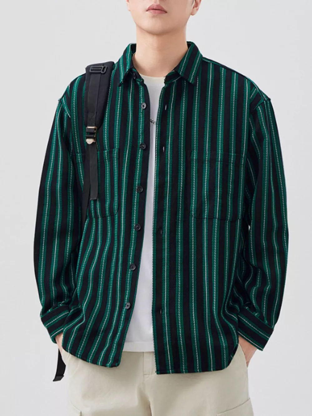 Men's Plus Size Striped Button Up Long Sleeve Shirt, image 5