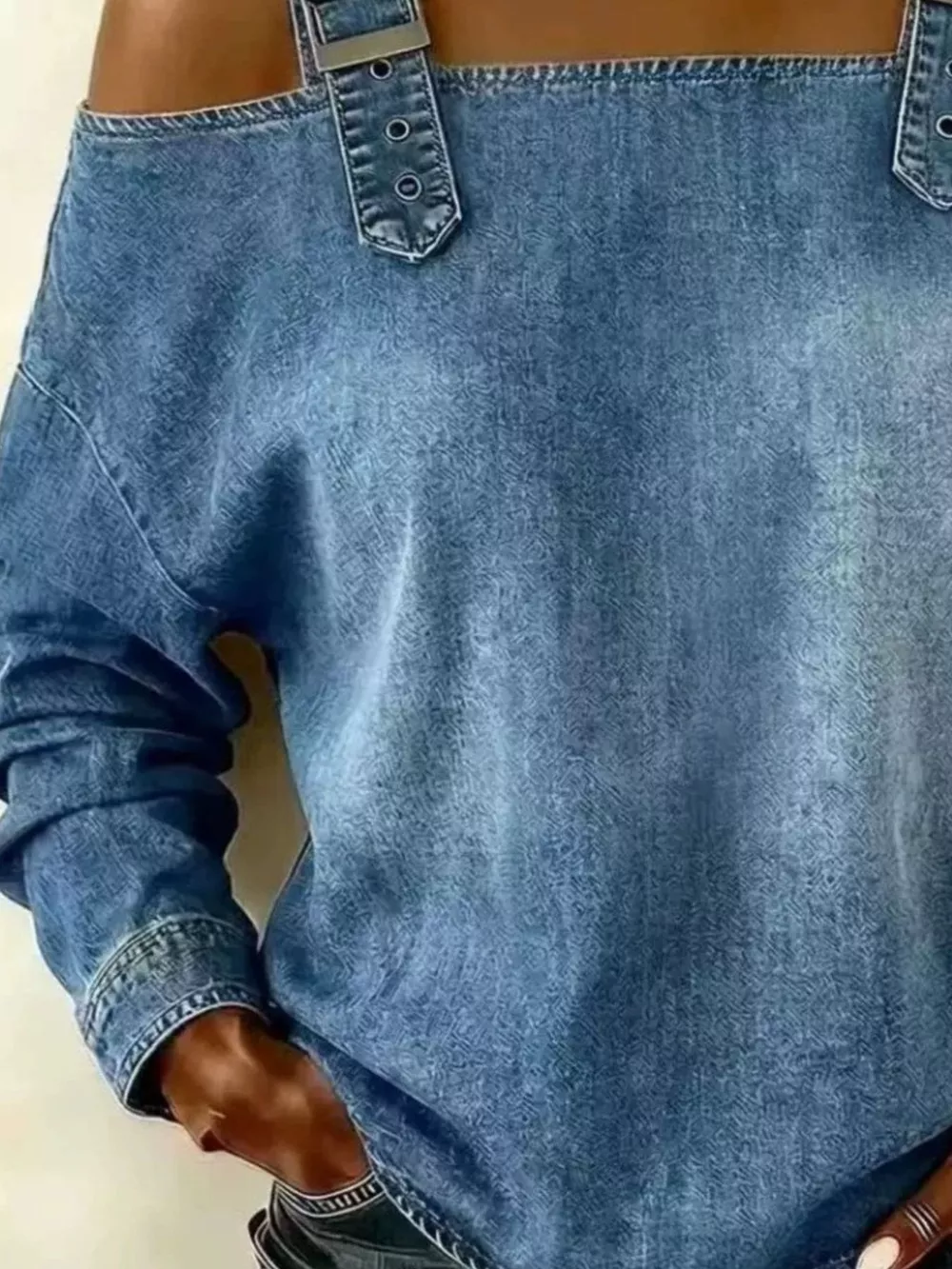 Full Size Buckle Strap Long Sleeve Denim Top Plus Size, image 6