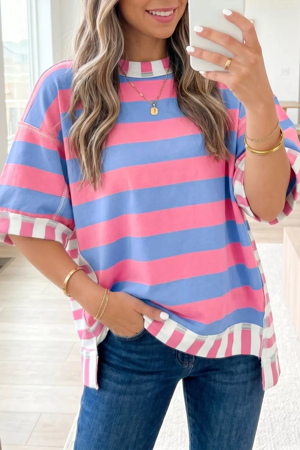 Stripe Exposed Seam Contrast Patchwork Oversized Top, image 2