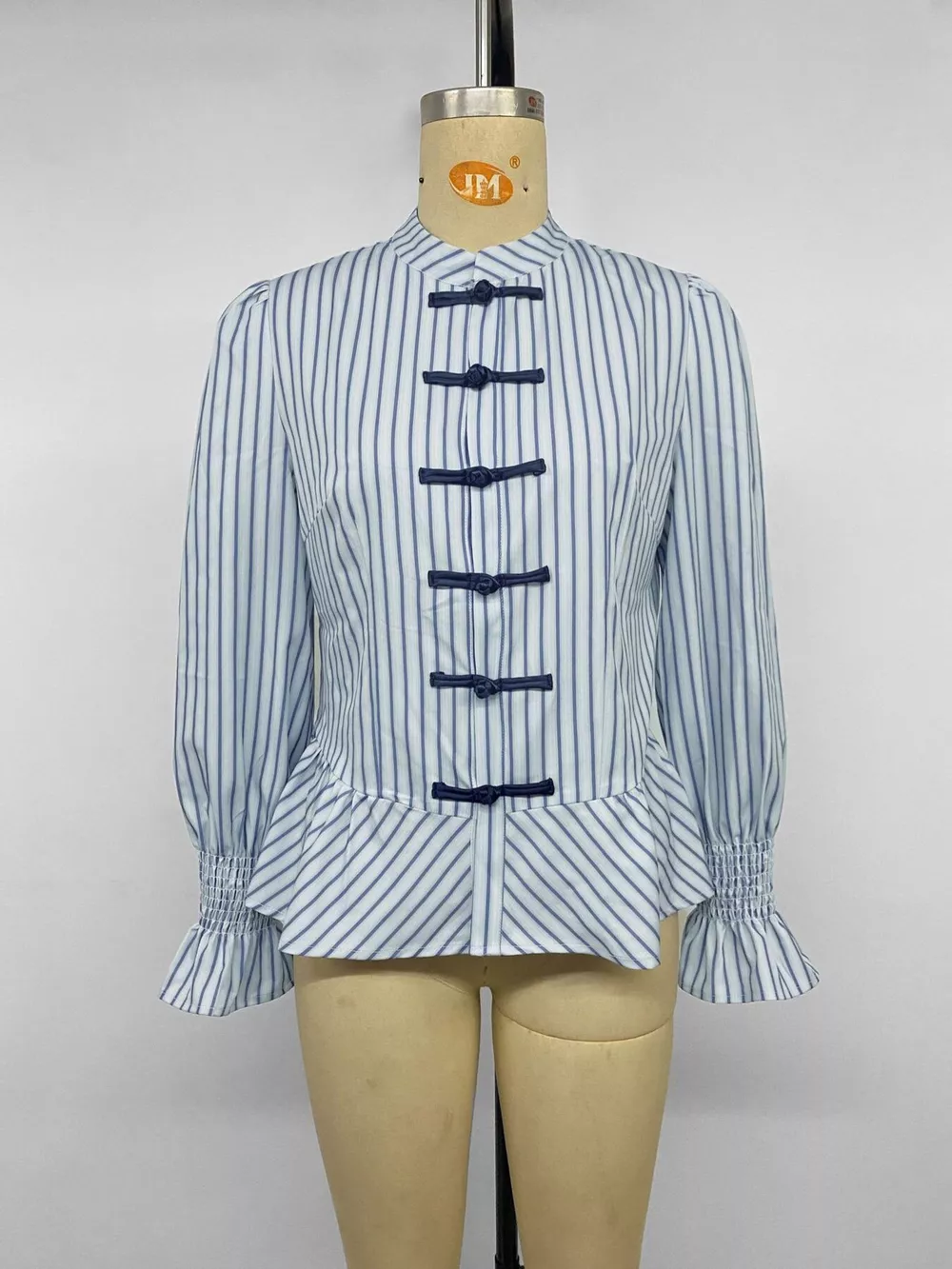 Striped Mandarin Knot Buttons Peplum Hem Shirt, image 13