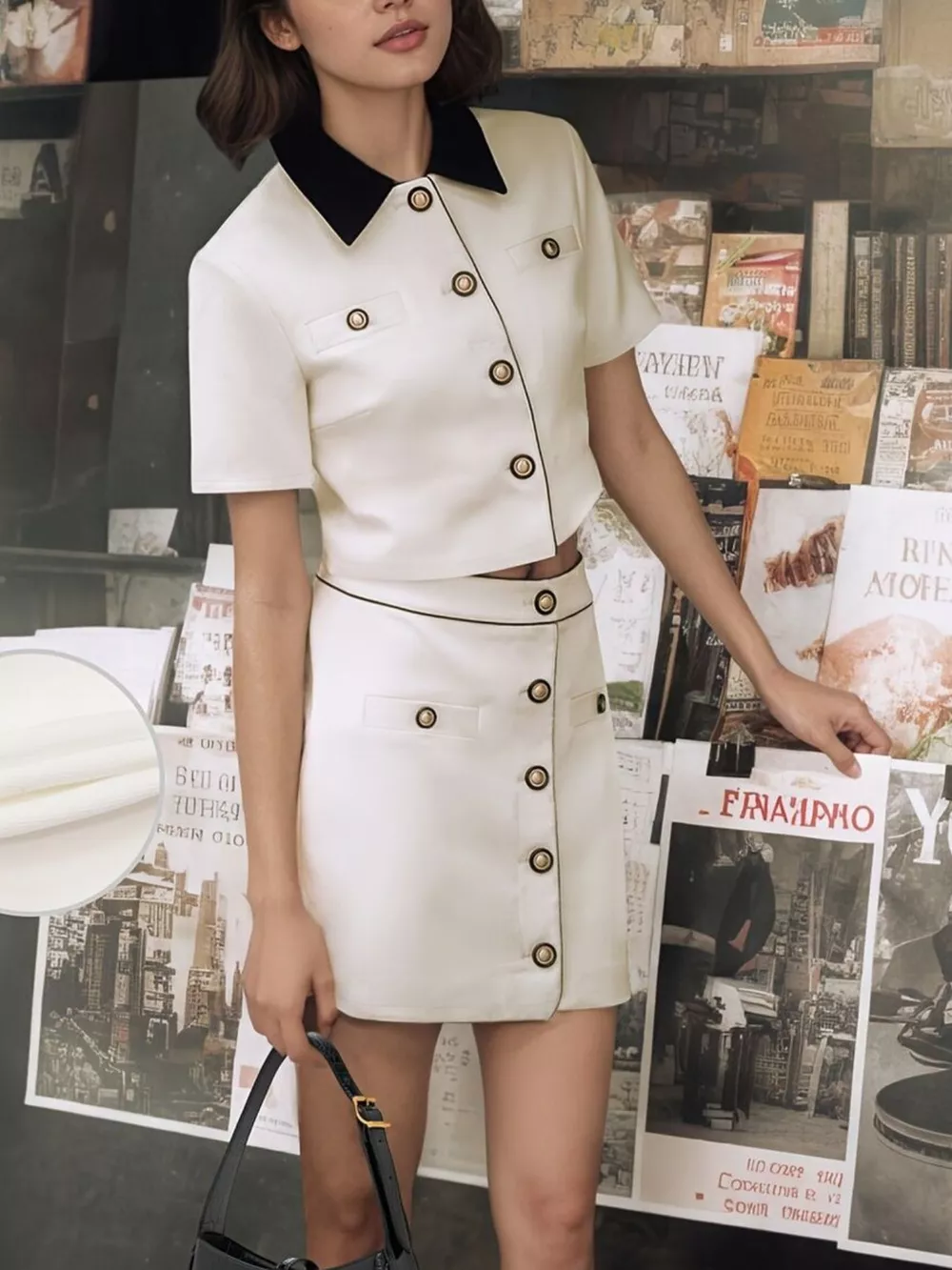 Contrast Collar Cropped Top and Mini Skirt Set