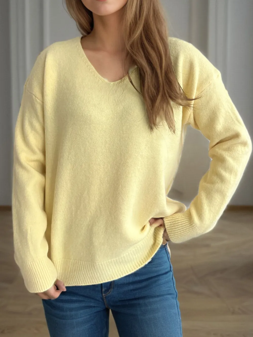 V-Neck Dropped Shoulder Long Sleeve Sweater, image 12