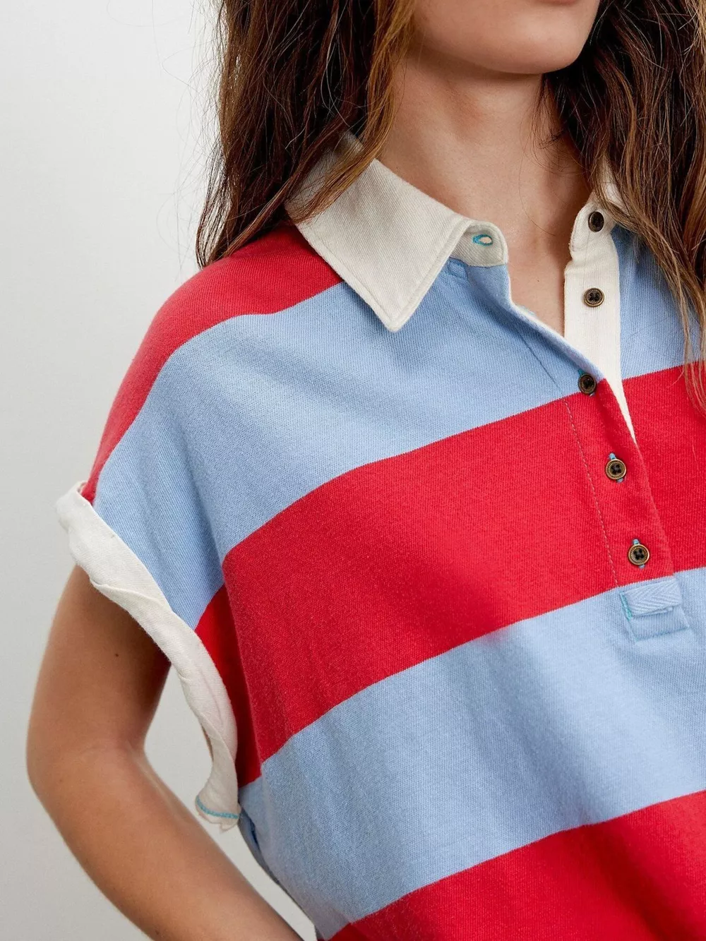 Half Button Striped Short Sleeve Cropped Polo Shirt, image 6