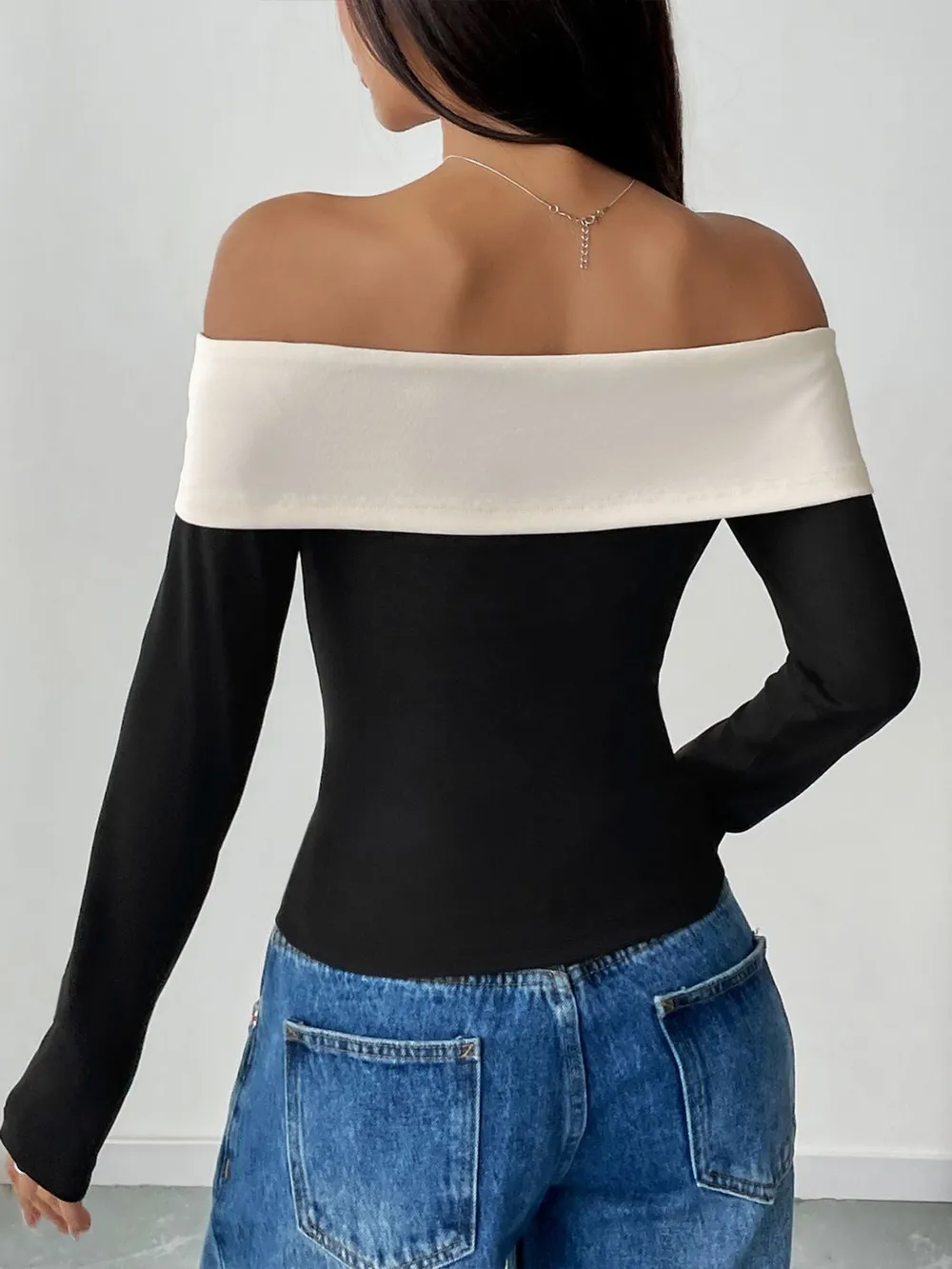 Bow Contrast Off-Shoulder Long Sleeve Top, image 5