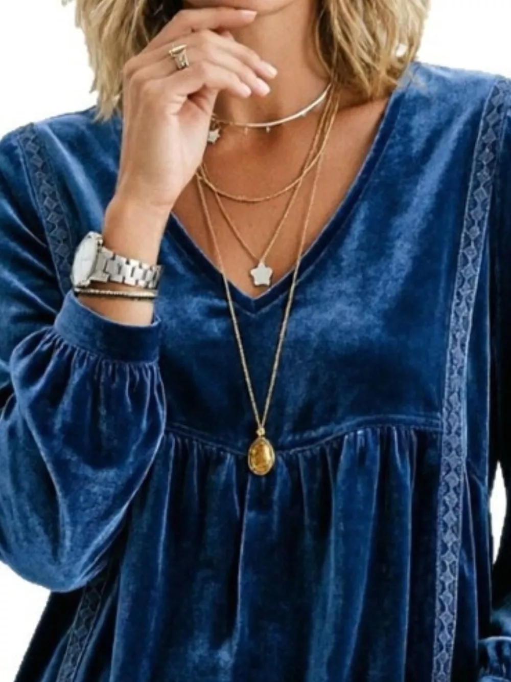 Full Size V-Neck Long Sleeve Velvet Blouse with Lace Trim Plus Size, image 6
