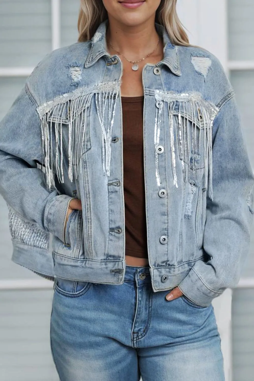 Sequin Fringe Trim Distressed Button Up Denim Jacket, image 2