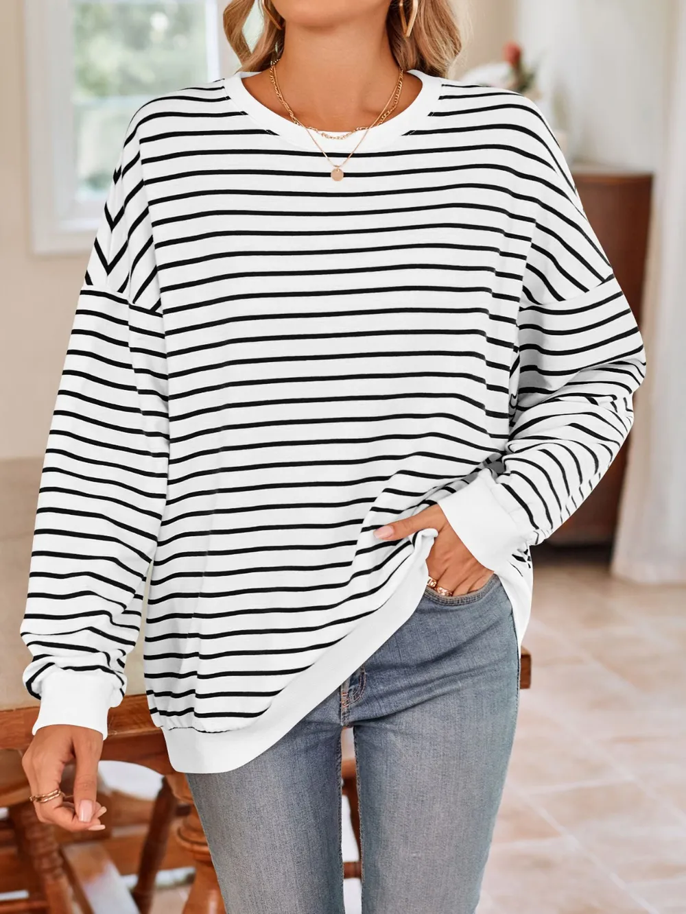 Striped Round Neck Long Sleeve Sweatshirt, image 3