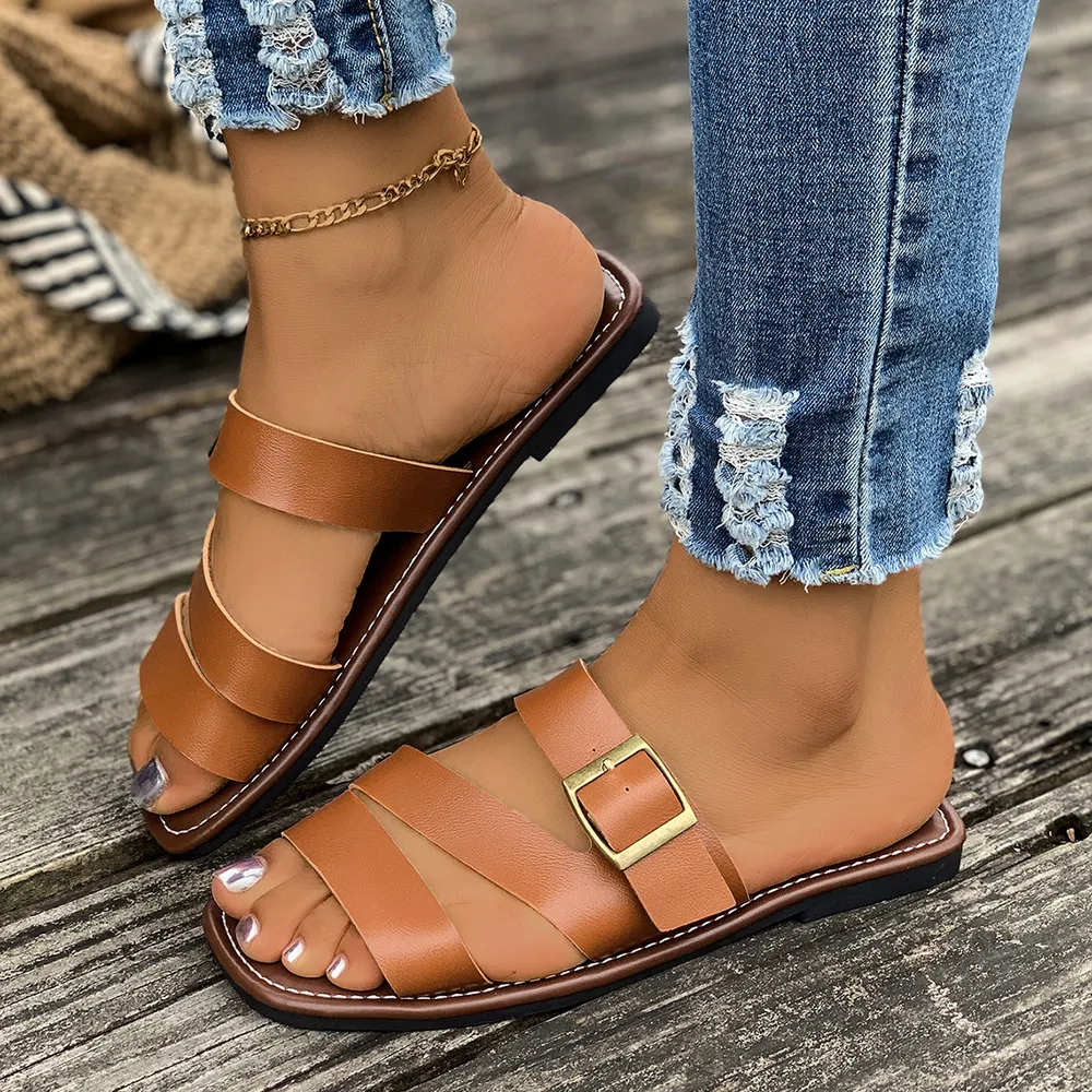 Open Toe Buckle Flat Sandals, image 6