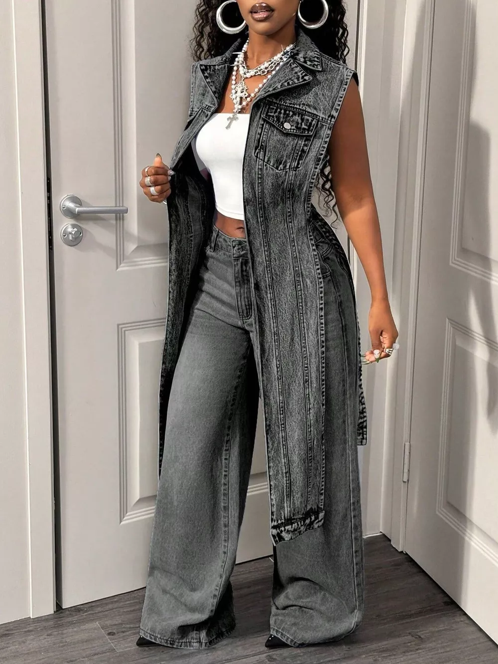 High-Low Open Front Denim Vest, image 16