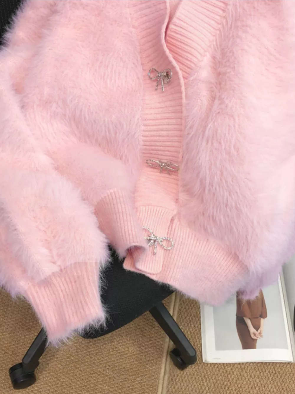Fuzzy Bow Button Up Cardigan, image 9
