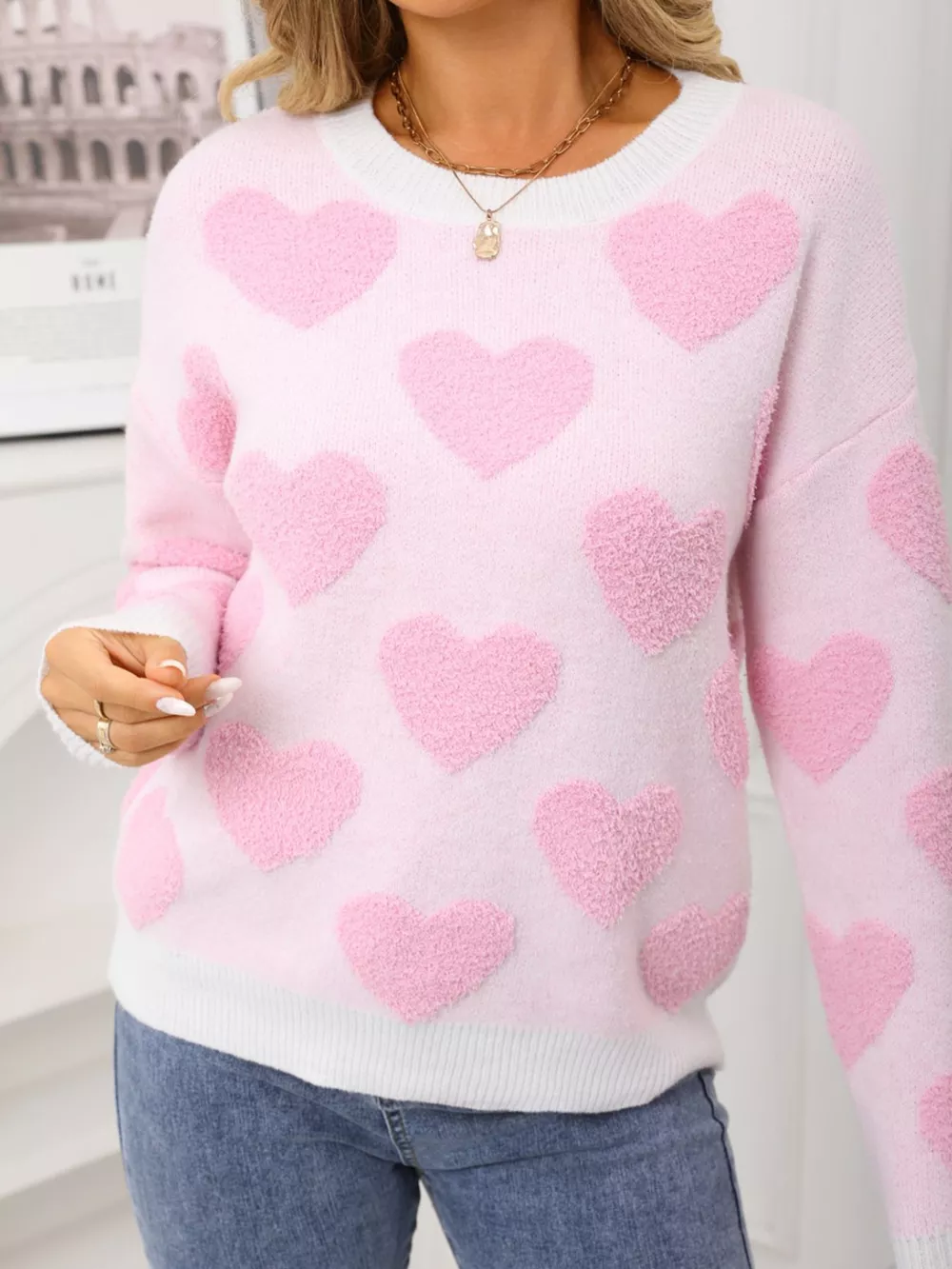 Valentine's Day Heart Pattern Round Neck Sweater, image 5