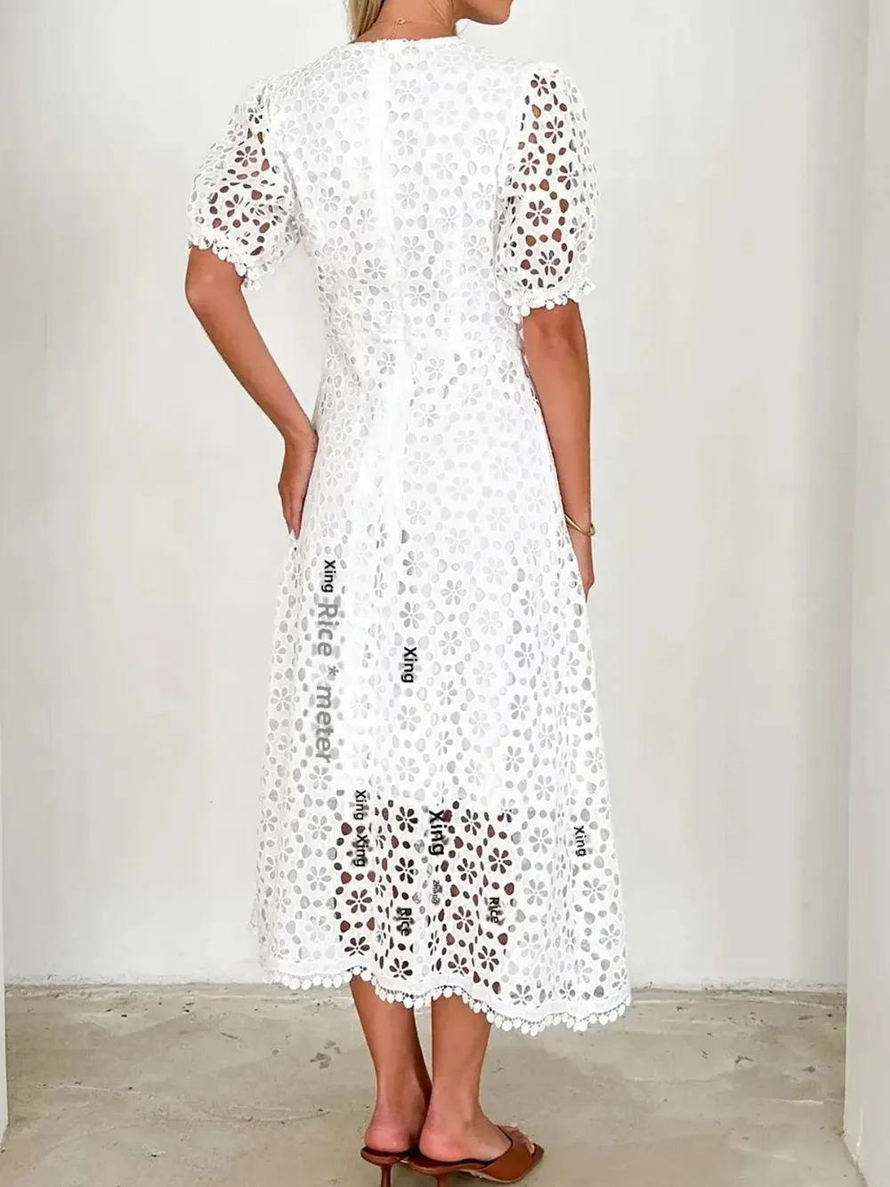 Eyelet Lace V-Neck Midi Dress with Puff Sleeves, image 12