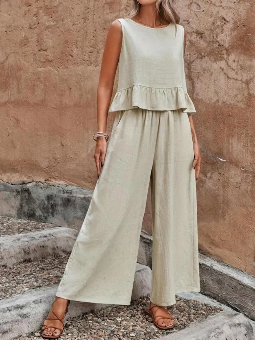 Sleeveless Ruffle Hem Top and Wide Leg Pants Two-Piece Set, image 3