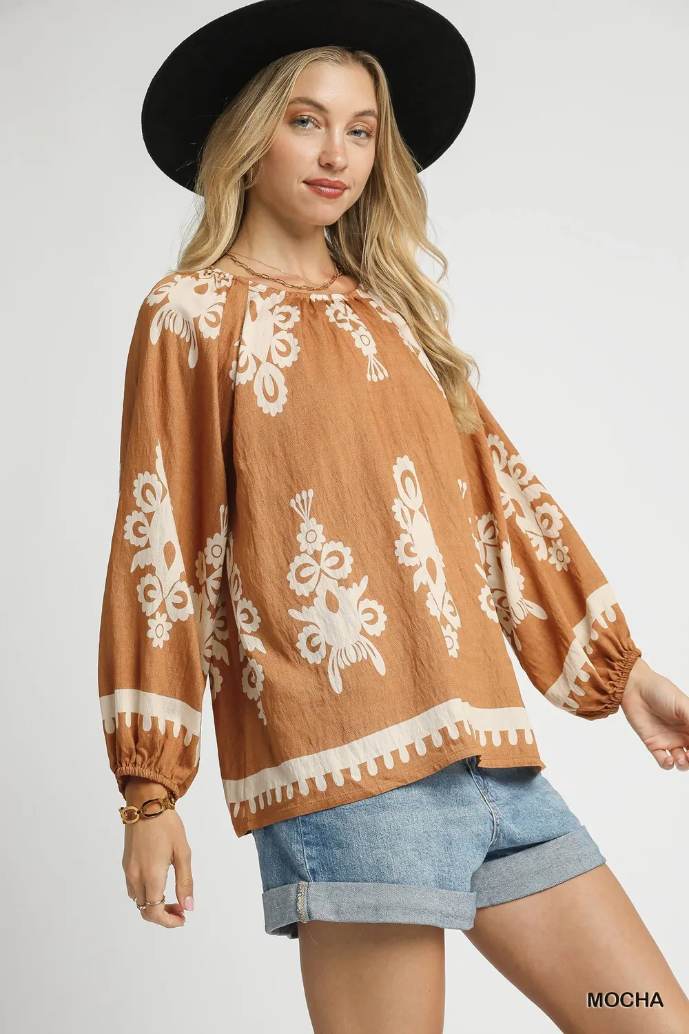Full Size Two Tone Border Print Top with Balloon Sleeves Plus Size, image 7