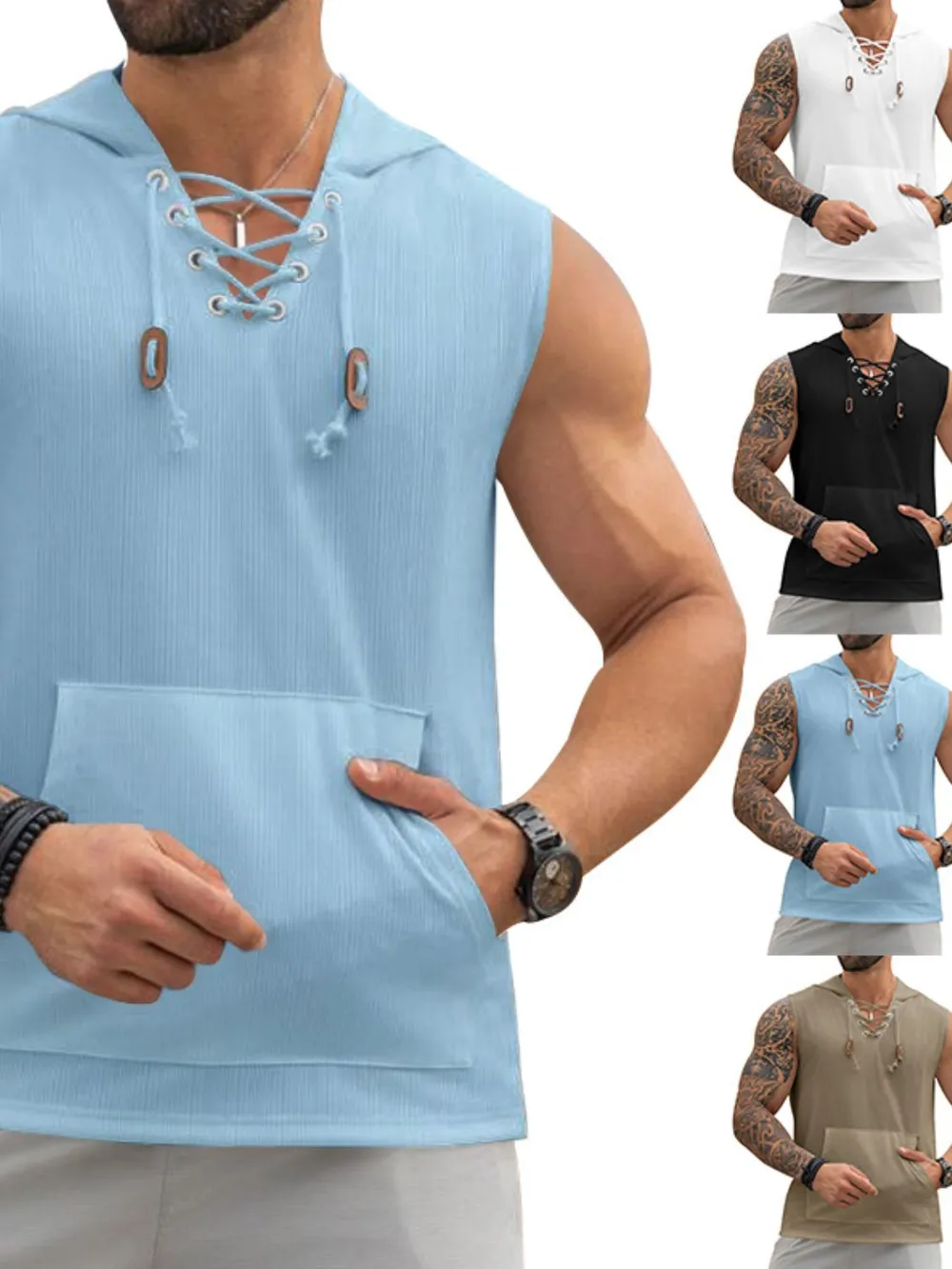 Men's Lace Up Hooded Top, image 2
