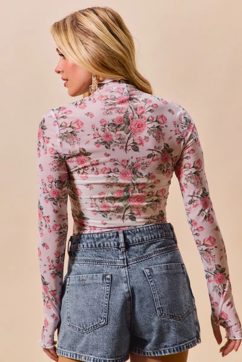 Floral Rose Print Mesh Sheer Layering Top, image 6