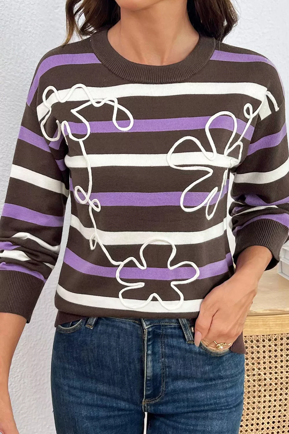 Stripe Embroidered Detail Drop Shoulder Sweater, image 8