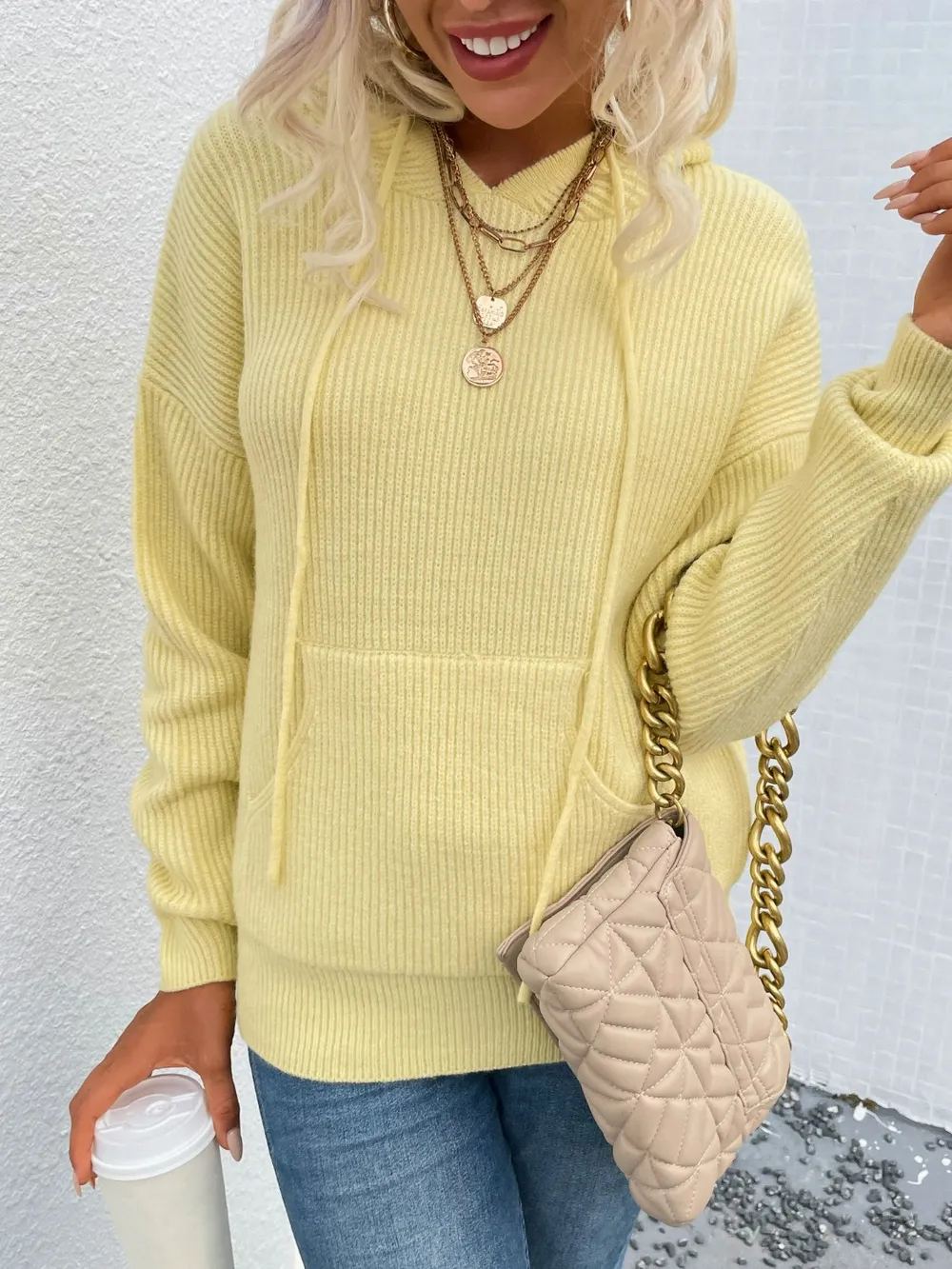 Drawstring Dropped Shoulder Hooded Sweater, image 4