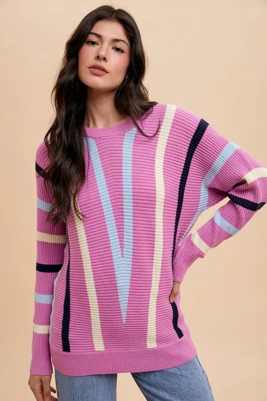 Chevron Stripe Round Neck Ribbed Sweater, image 3