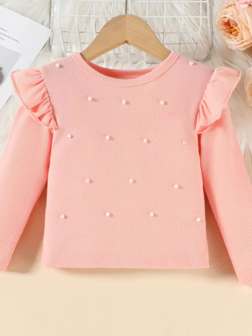 Children's Ruffled Pearl Embellished Top & Faux Leather Shorts Set with Belt, image 7