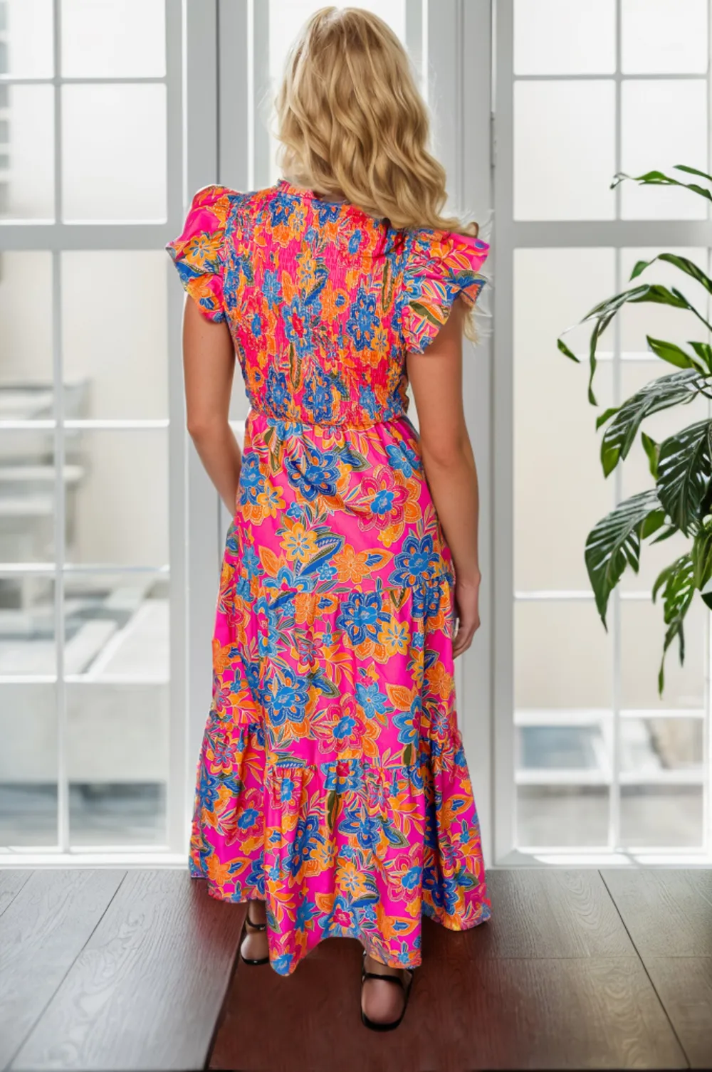 Printed V-Neck Cap Sleeve Pocketed Midi Dress, image 3