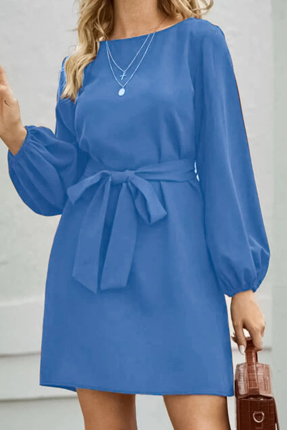 Tied Boat Neck Balloon Sleeve Mini Dress, image 9