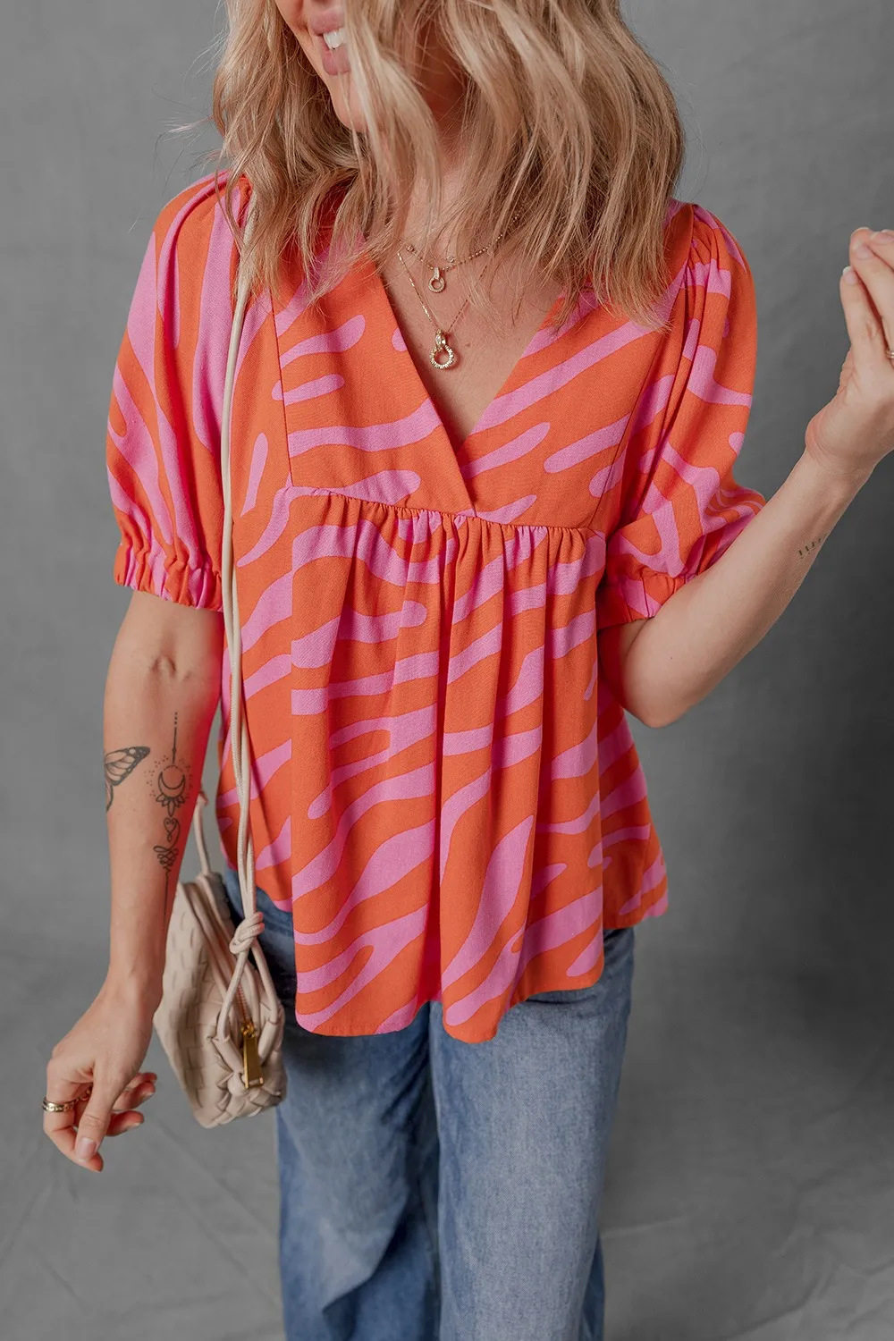 Zebra Stripe Print Ruched Cuff Half Sleeve V Neck Blouse, image 7