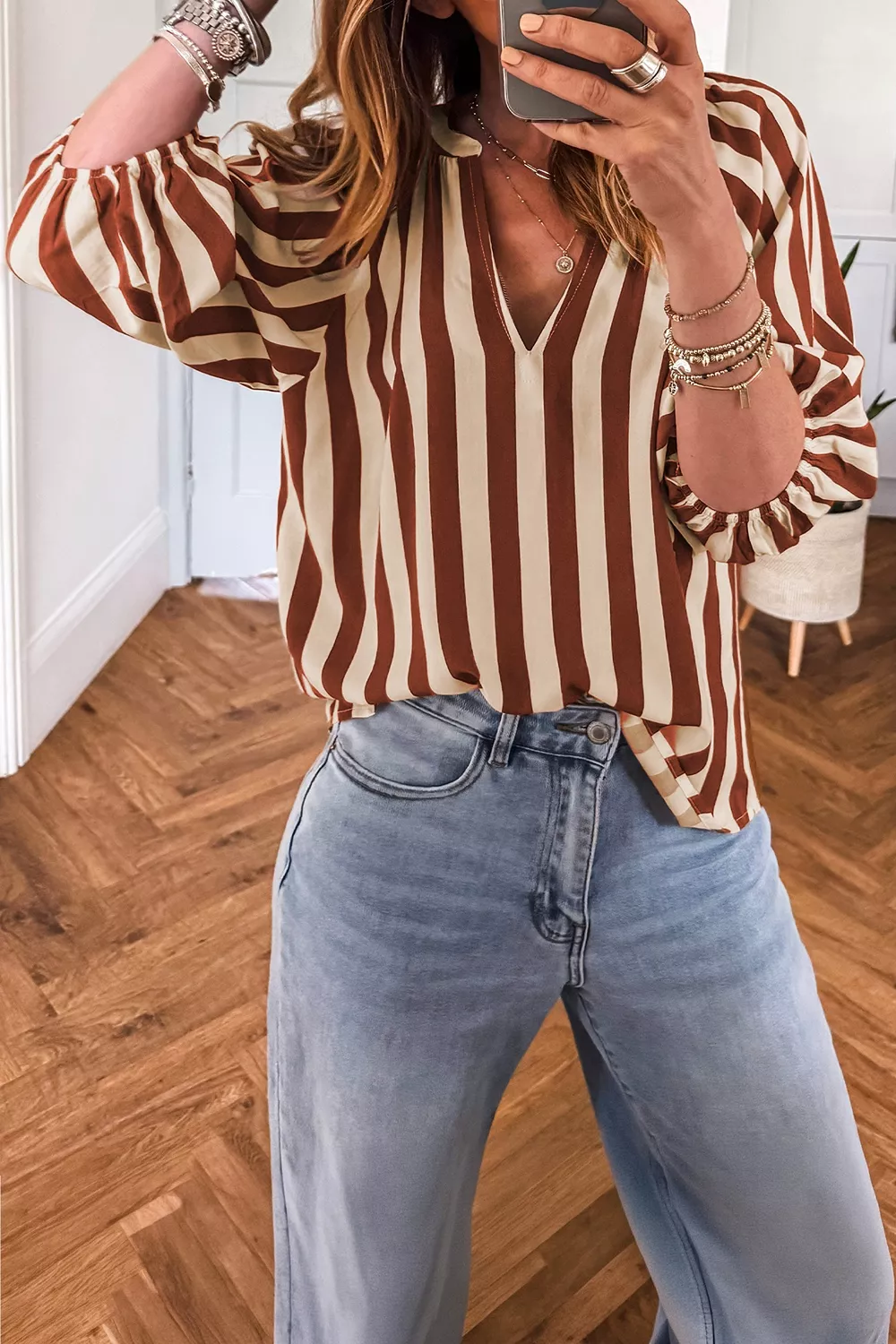 Striped Notched Half Sleeve Casual Blouse, image 5