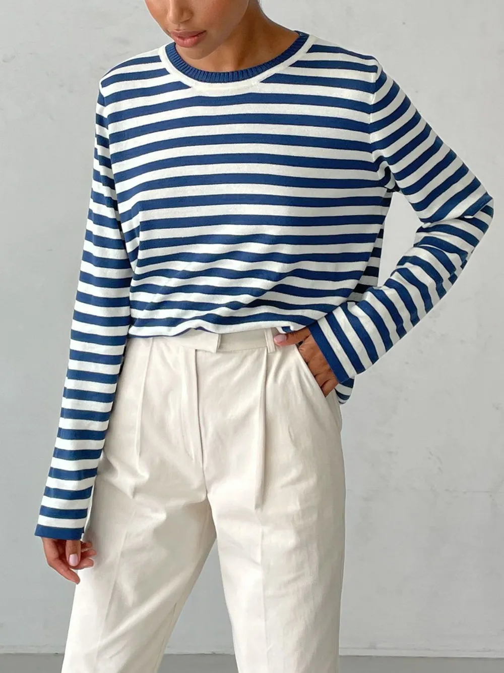 Striped Round Neck Long Sleeve Sweater, image 13
