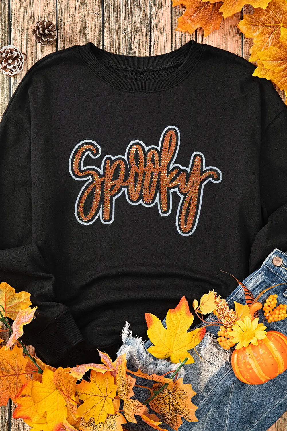 SPOOKY Rhinestone Round Neck Long Sleeve Sweatshirt, image 4