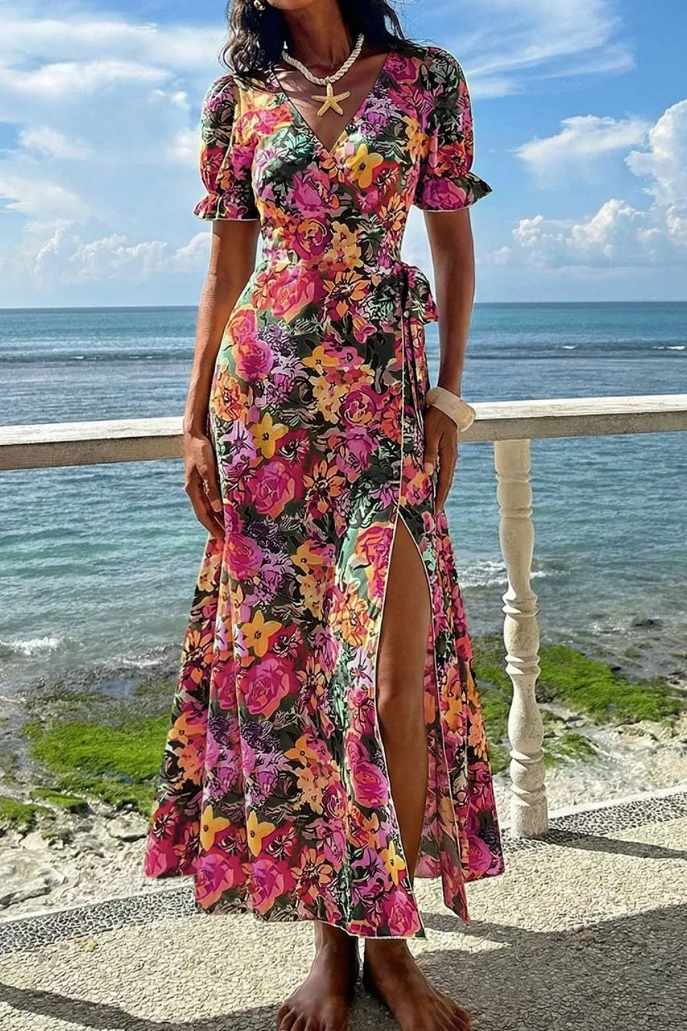 Slit Floral Short Sleeve Maxi Dress, image 4