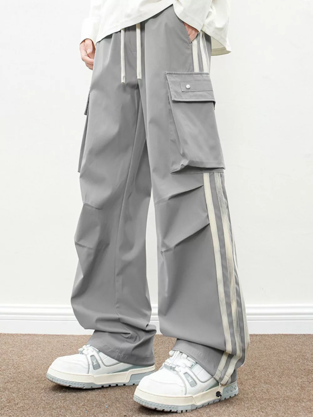 Men's Plus Size Casual Loose Cargo Pants with Side Stripes, image 7