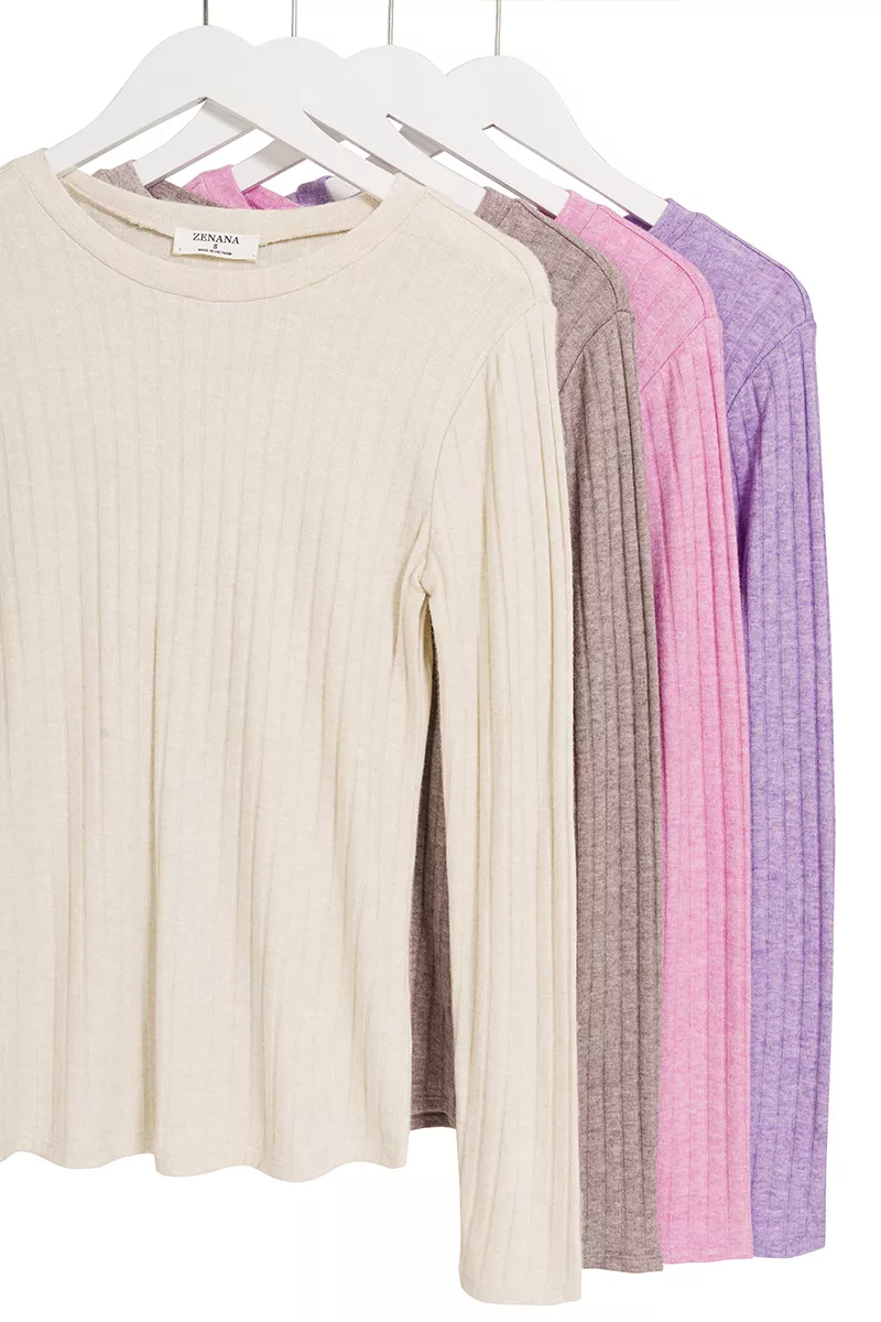 Ribbed Long Sleeve Round Neck T-Shirt, image 3