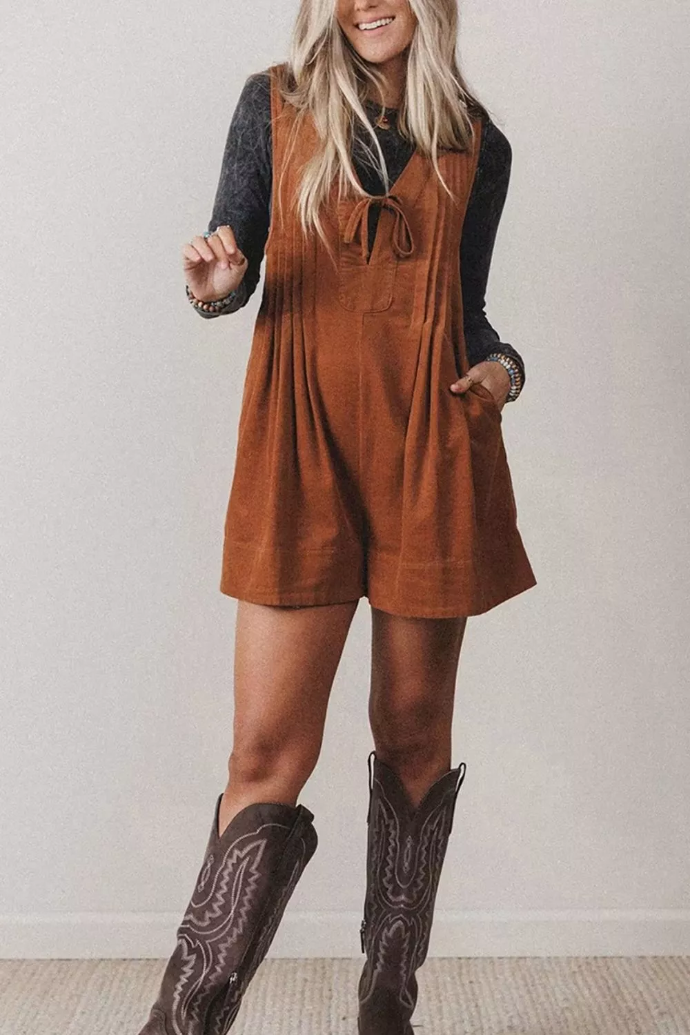 Solid Color Tie V Neck Sleeveless Corduroy Romper, image 2