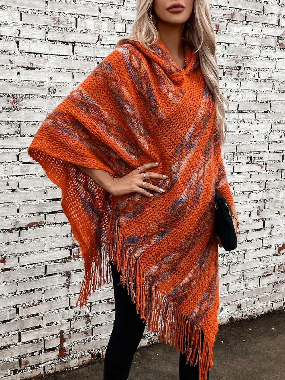 Fringe Contrast Hooded Poncho, image 14