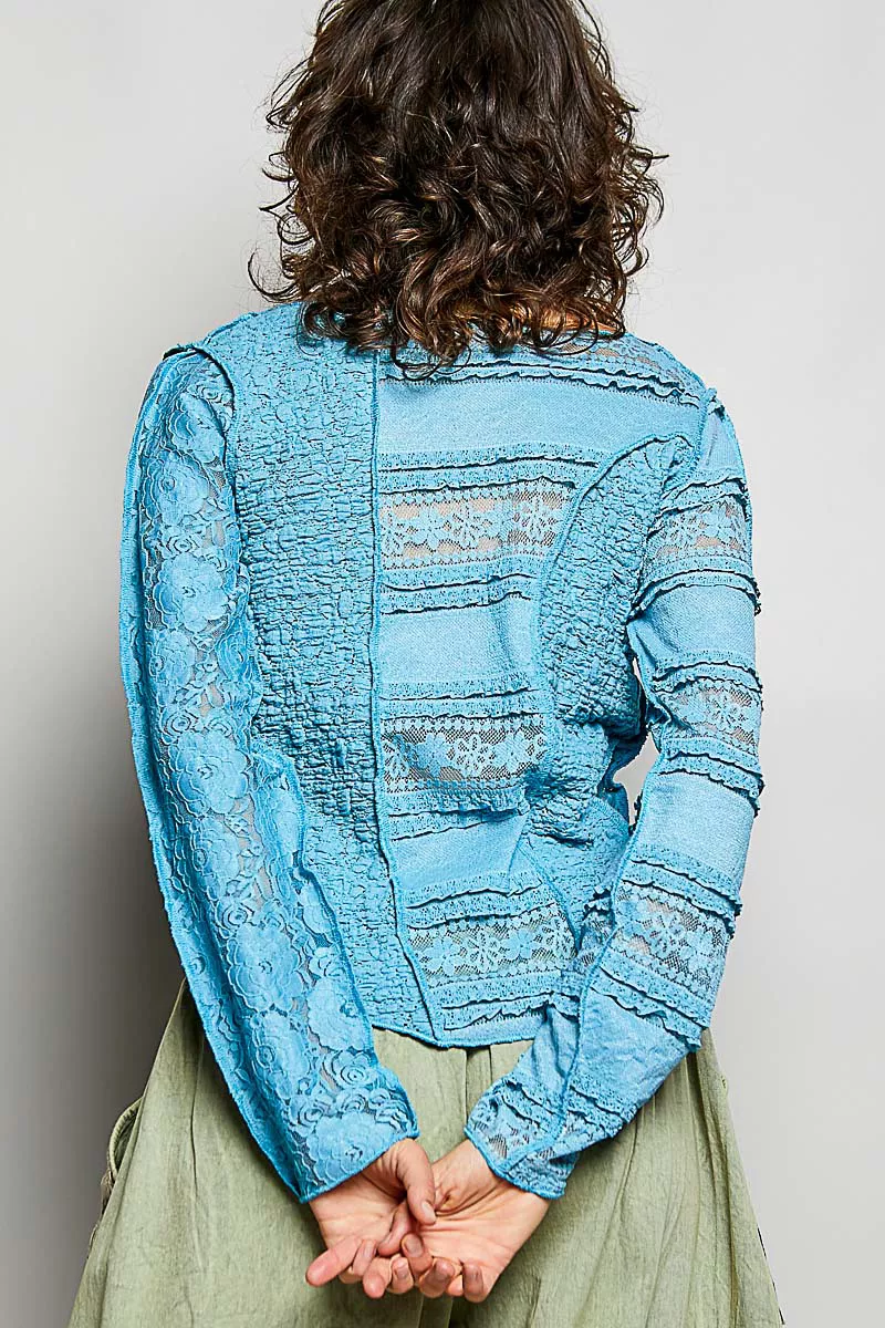 Round Neck Long Sleeve Exposed Seam Top with Lace Detail, image 4
