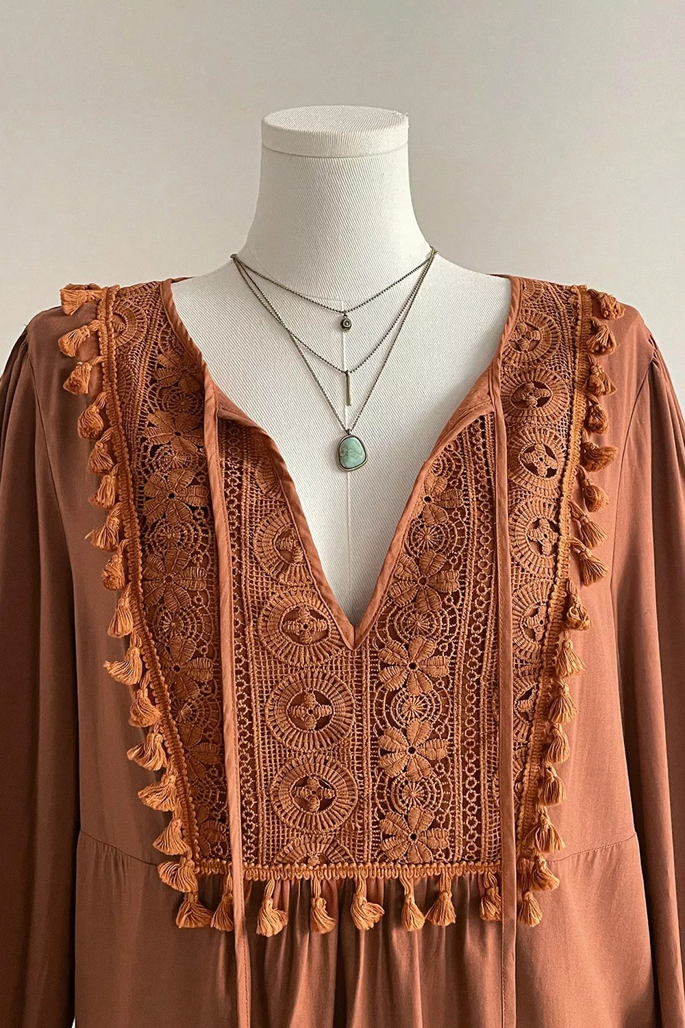 Plus Size V Neck Embroidered Tassel Long Sleeve Blouse, image 5