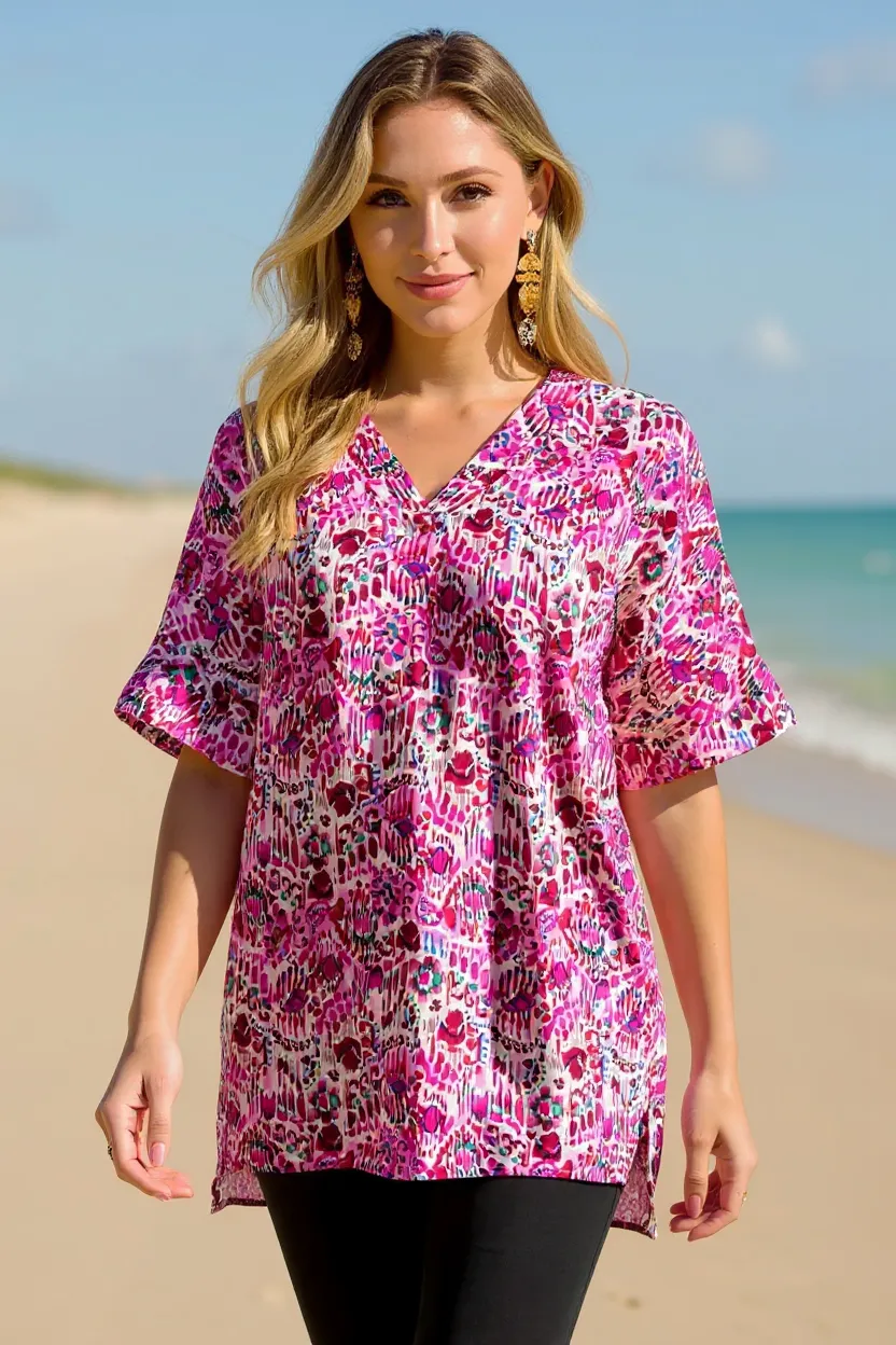 Full Size Printed V-Neck Short Sleeve Blouse